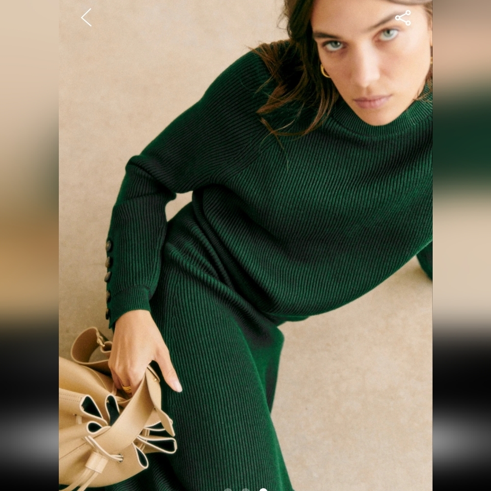 Sezane Naelle Merino Wool/ Organic Cotton Bottle Green Midi Skirt - Picture 3 of 9